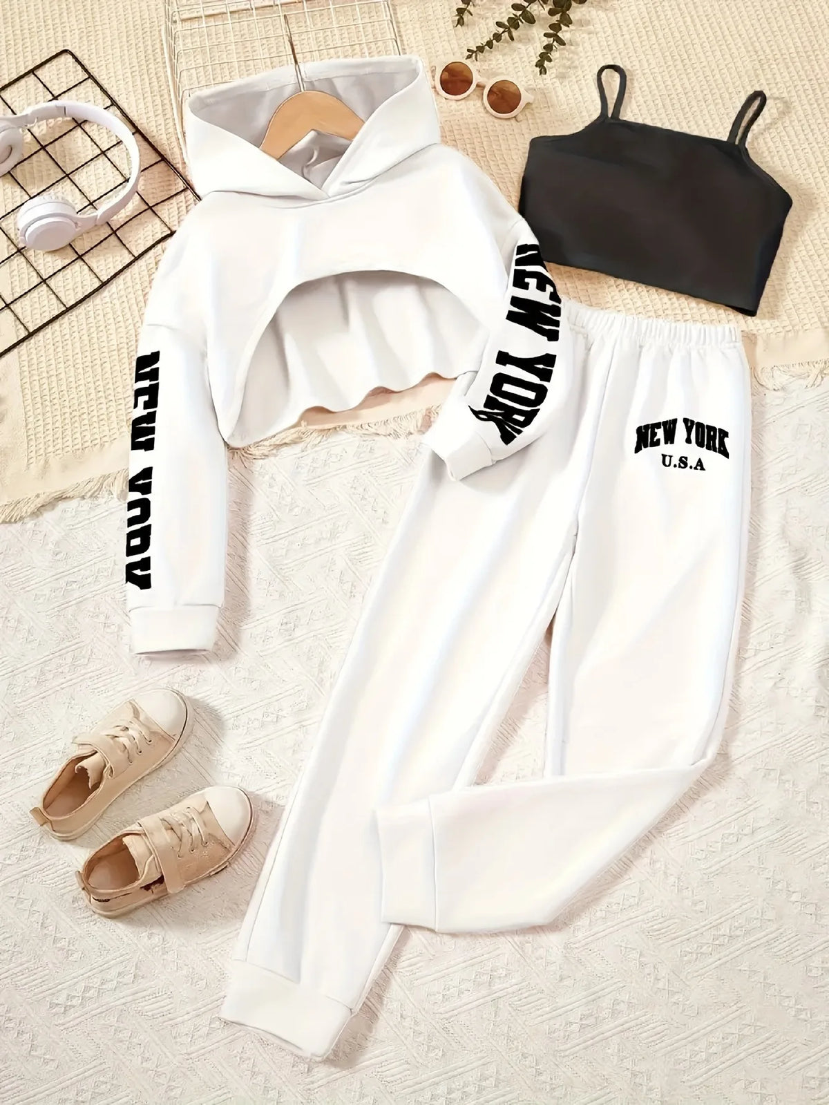 Girls 3-Piece "New York" Outfit - Black Cropped Hoodie, White Cami Top & Jogger Pants Set for Kids