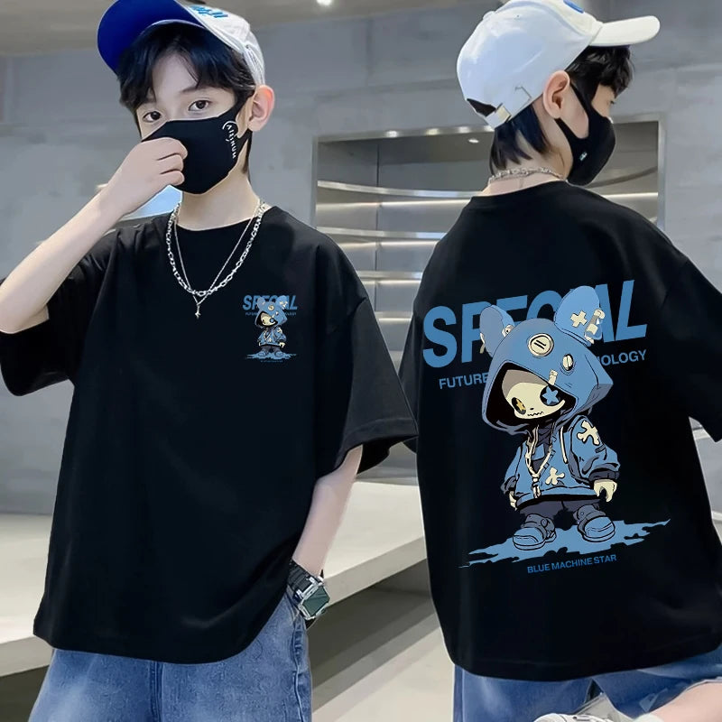 Korean Children's Clothes 2025 Boys Hip Hop Cartoon Graphic T Shirts Girls Short Sleeve Cotton Children Top Baby Summer Clothes