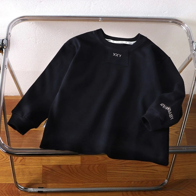 Kid Boy Girl Solid Color Sweatshirt Letter Embroidery Children Daily Long Sleeves Comfortable Wear Combed Cotton Top Fashion