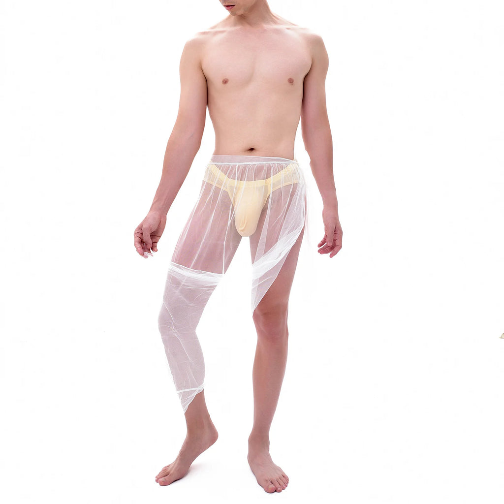 Men Pajamas Sexy Mesh Sleep Bottoms Man See Through Long Sleepwear Culottes Transparent Side Spilt Nightdress