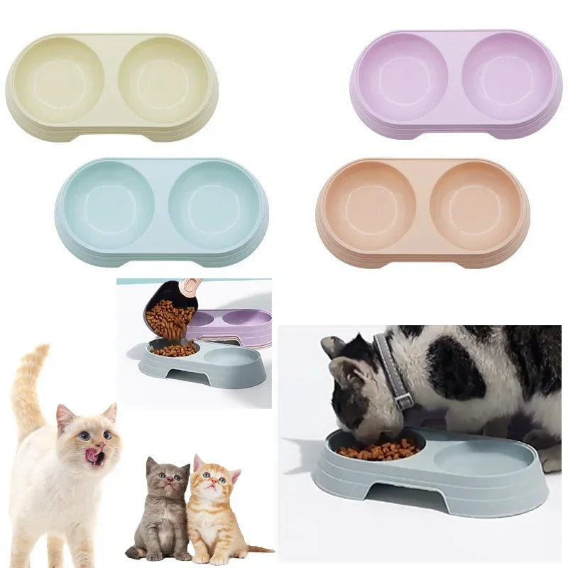 Pet Double Bowl Dogs and Cats Feed in Double Bowls Macaron Plastic Feeding Bowl Pet Supplies Cat Accessories Cat Products Cat Fo