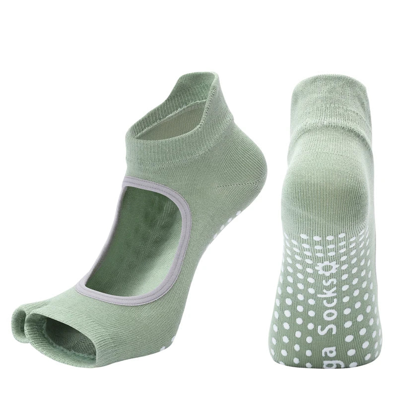 Women Two Toe Backless Yoga Socks Non-Slip Fitness Workout Pilates   Sock Ladies Breathable Sports Ballet Dance Slippers for Gym