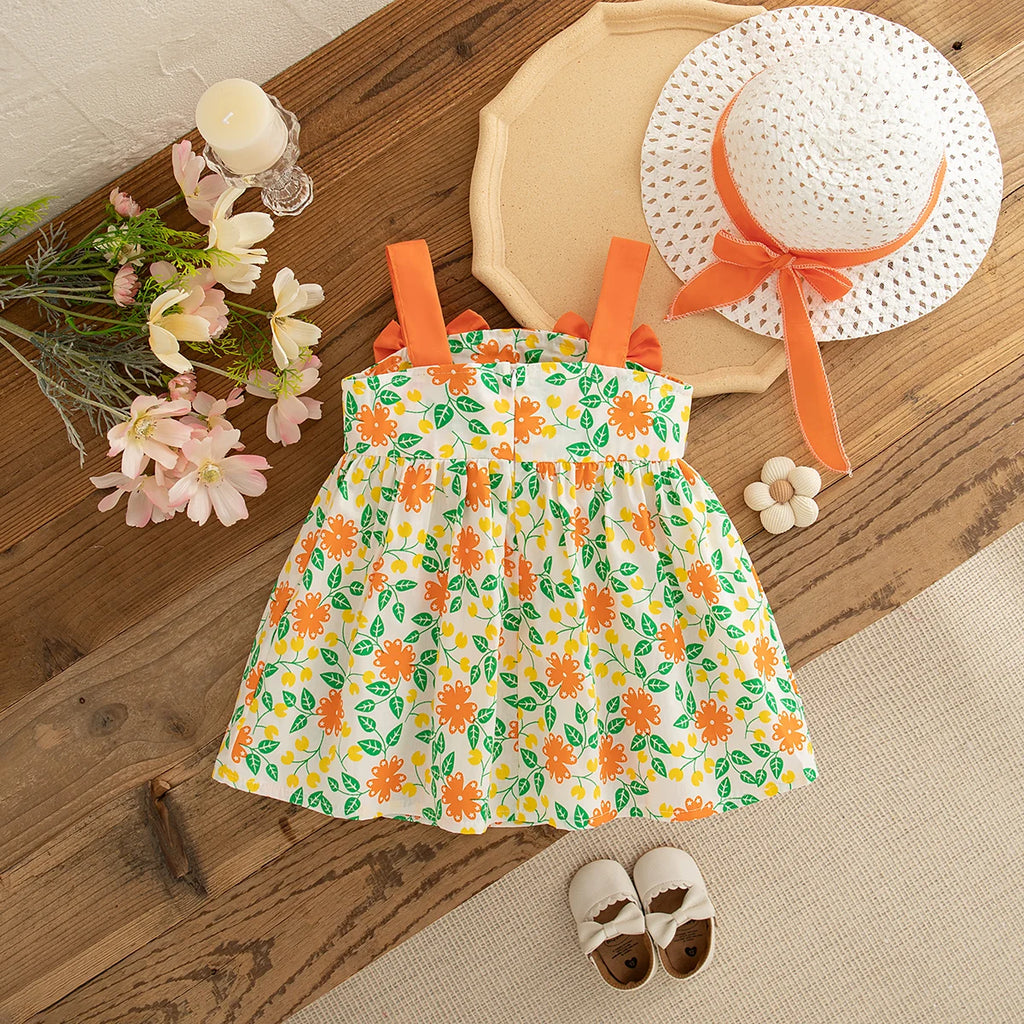 Korean Style Beach Dress for Kids Girl Sending A Hat Summer Fashion Sweet Orange Bow Casual Toddler Dress