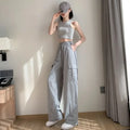 Summer Cargo Pants for Women Wide Leg High Waist Drawstring Woman Trousers Ice Silk Casual G Autumn Clothing Chic and Elegant