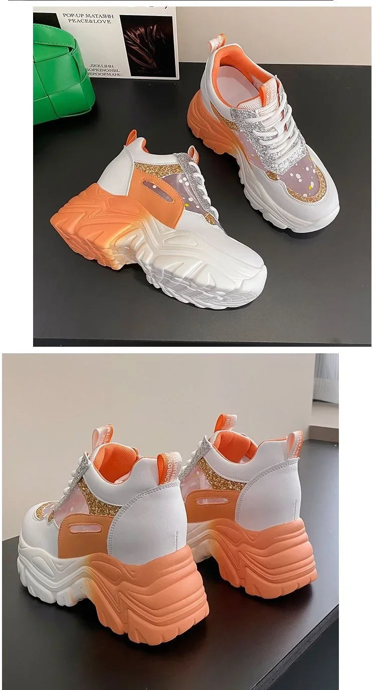 Shoes for Women Platform Shoes Autumn Women Casual Breathable Mesh Sequin Sneakers Wedges Sports Lace-up Non-slip Shoes