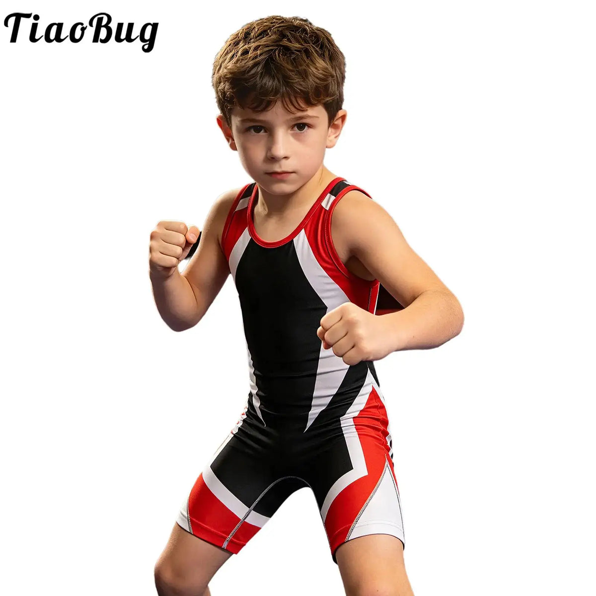 Kids Boys Exercise Wrestling Singlet Color Block Jumpsuit Sleeveless Quick-dry Thigh Length Bodysuit Sports Workout Cycling Set