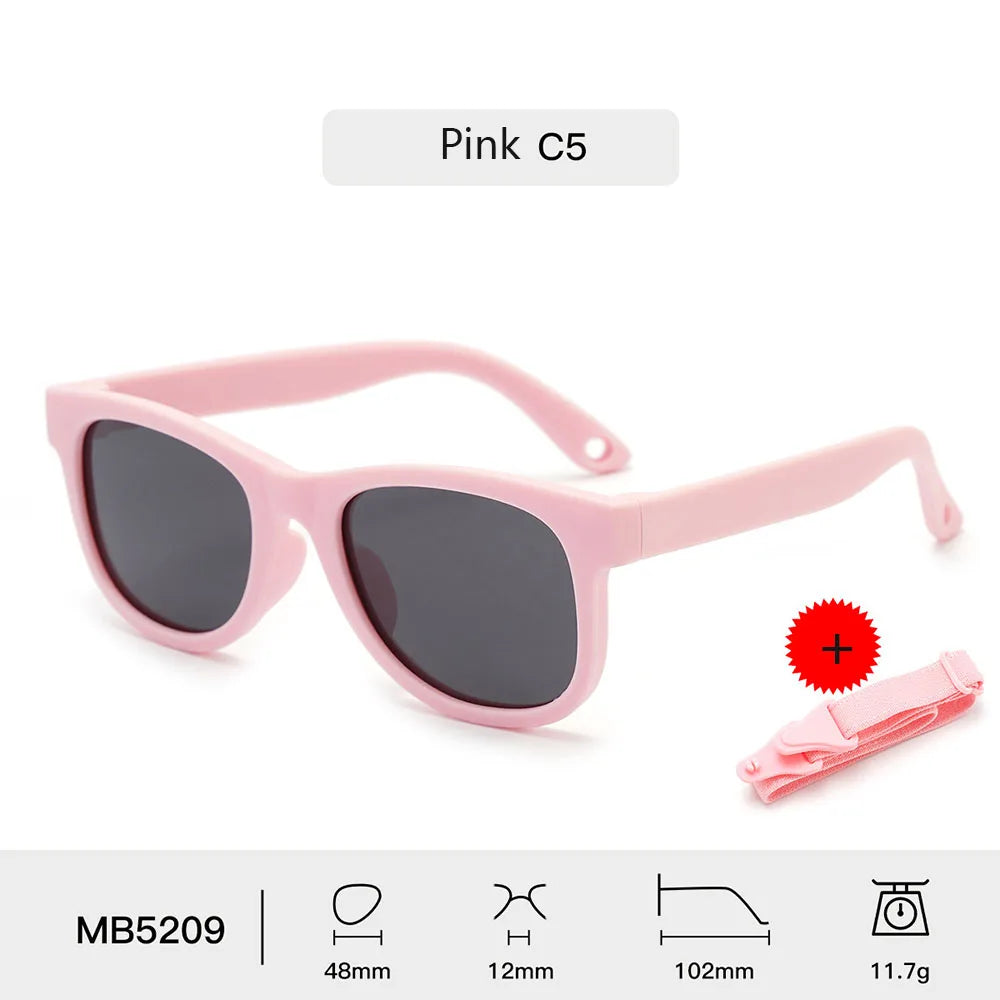 Children's Sunglasses for Boys Girls Bendable Flexible Polarized Sunglasses with Strap Square Silicone Frame Sunshade Glasses
