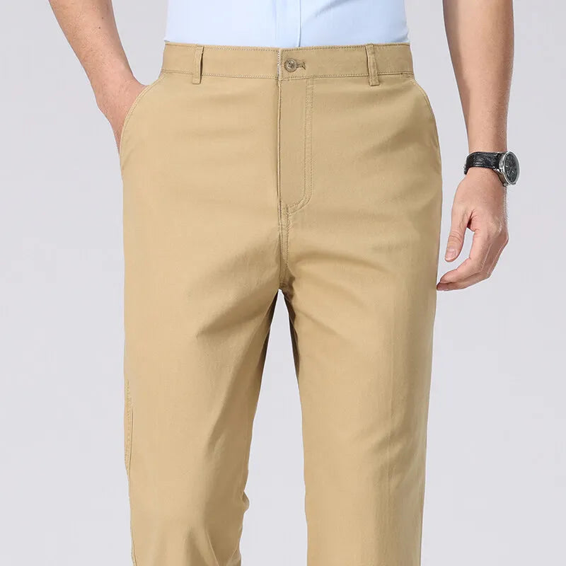 Spring Summer Cotton Suit Pants Men Solid Color Smart Casual Dress Trousers Man Lightweight Zipper Fly Straight Breathable Pants