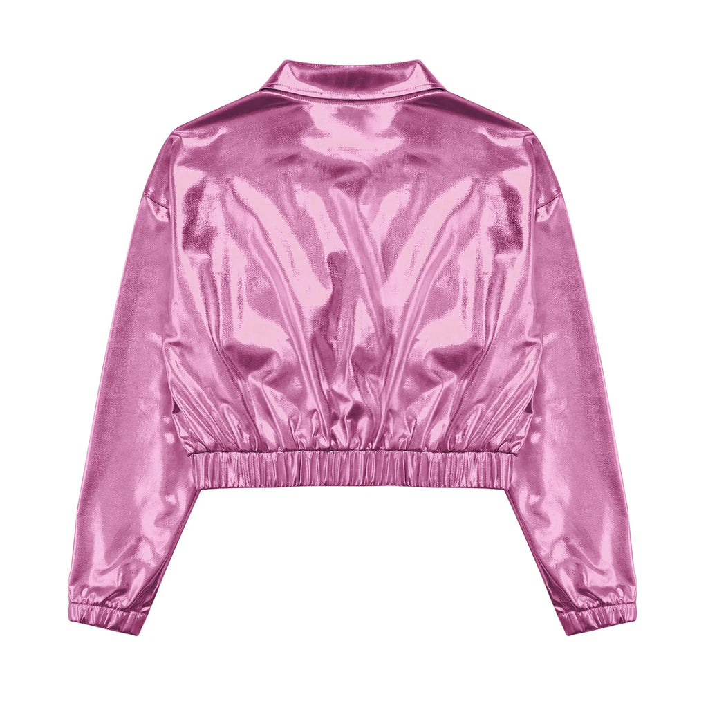 Kids Boys Girls Metallic Shiny Jacket for Hip-Hop Jazz Dance Tops Long Sleeve Flap Pockets Outwear Dancing Performance Costumes