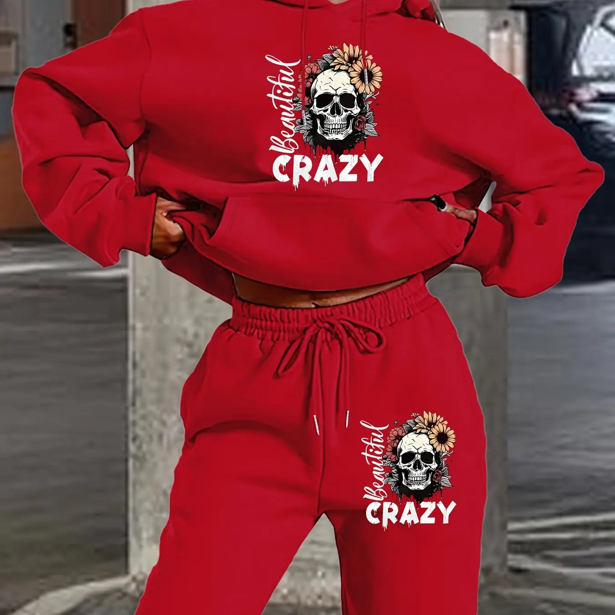 Women's Hoodie+Sports Pants Set Hip Hop Street Casual Skull Letter Printed Hoodie Loose Sports Shirt Autumn Warm Wool Clothing