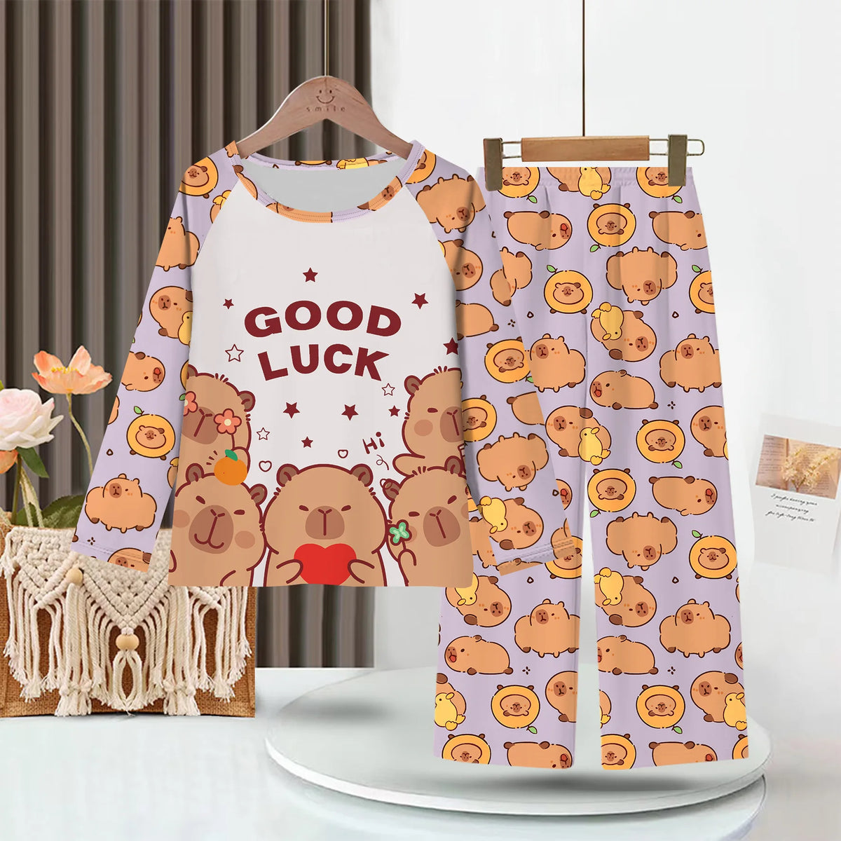 Capibara Kids Pajama Sets Long Sleeve Loungewear with Cute Animal Print Soft Sleepwear for Boys Girls Cartoon Sleepwear Outfit
