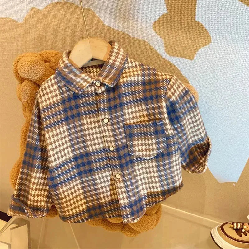 Kid's Long Sleeve Shirts 2-7Y 2024 Autumn Boys Vintage Plaid Shirt Girls Casual Turn Down Collar Blouse Children's Base Tops