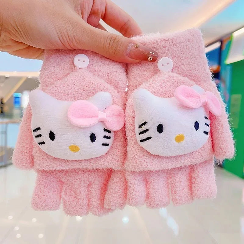 Children's Warm Gloves for Boys and Girls Cartoon Cute Half Finger Knitted Winter Flip Cover Baby Thick Cold Proof Five Fingers