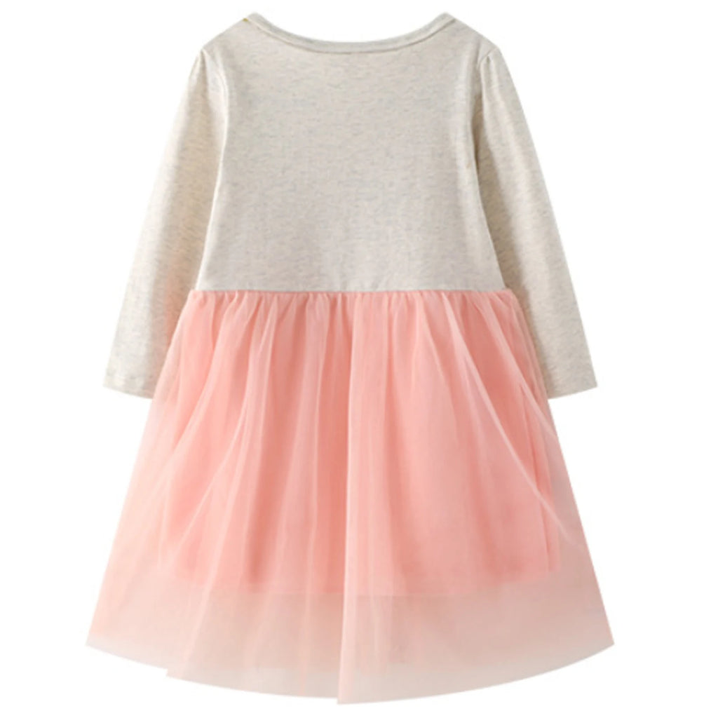Kids Long Sleeve Dresses with Mesh Skirts O-Neck Lightweight Cotton Tops Sweet Shirt 2-7T Girls Princess Dress for Party/Daily