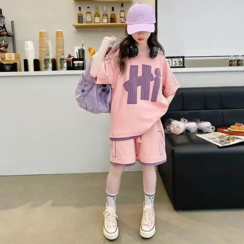 Girls T-Shirts Sets Clothes Kids Short Sleeve Tops+Shorts 2Pcs Children Clothes Suits Teen Loose Casual 2025 Outfits 5-14 Years