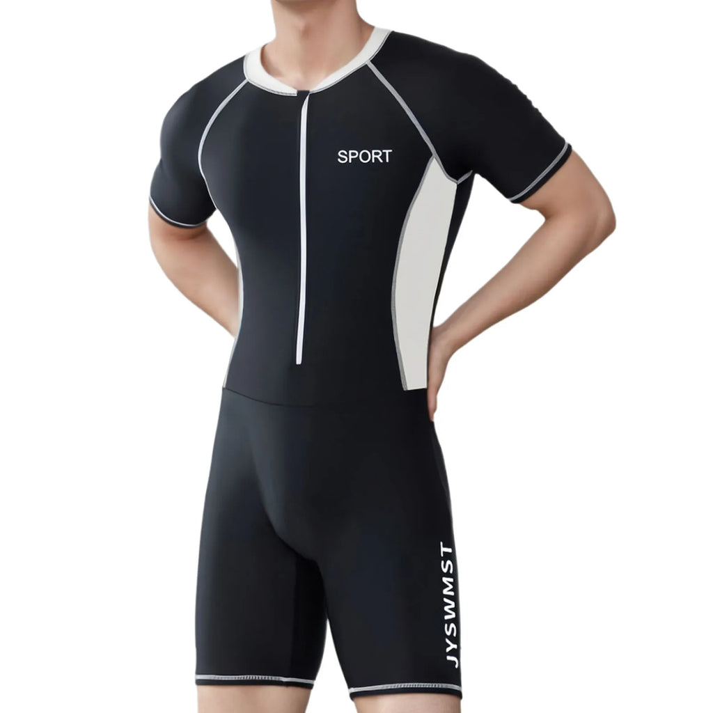 Mens Swim Leotard Summer One-Piece Rash Guard Swimsuit Bathing Suit Beachwear Swimwear Short Sleeve Front Zipper Jumpsuit Romper