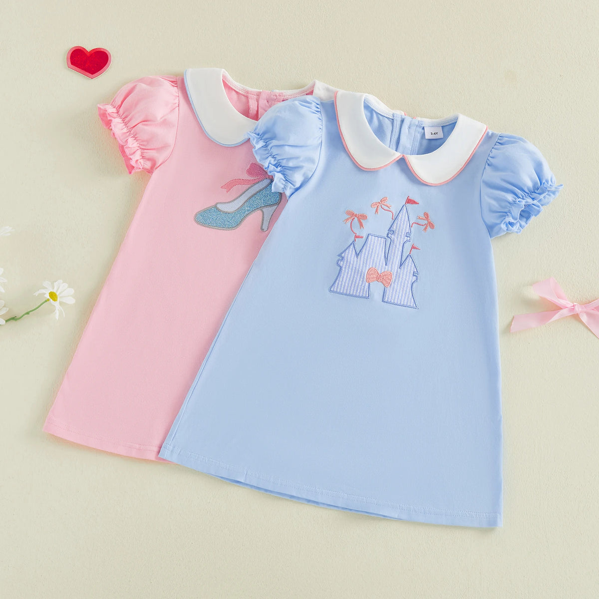 Cute Kids Gir Casual Dress Short Sleeve Doll Collar Embroidery Bowknot Summer Dress Costume Clothes