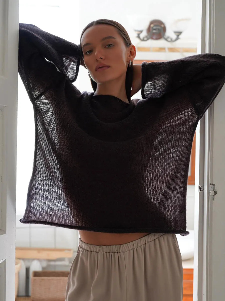 Spring Summer Hollow Knitted Oversized Sweater T Shirt Round Neck Long Sleeves Tops Loose Elegant Pullover for Women Clothing