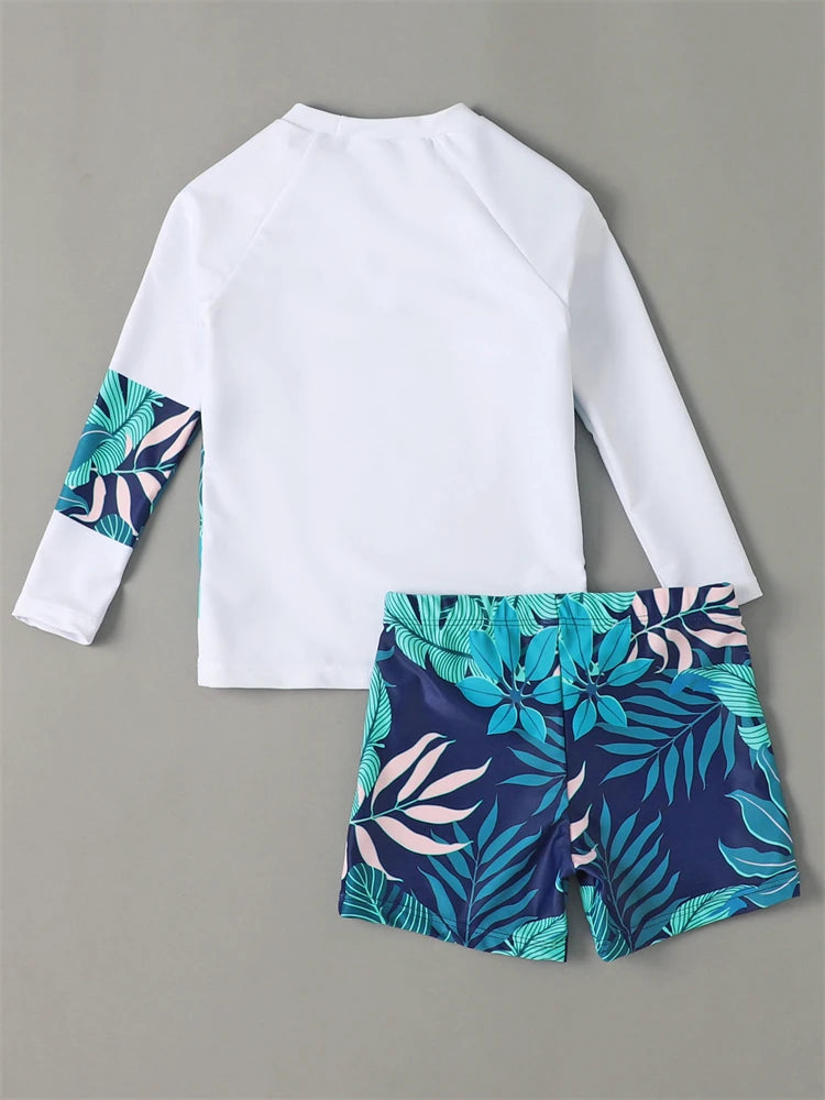 Boy Swimsuit 2026 New Leaves Print Long Sleeve Children Swimwear Summer Two Piece Kids Beach Wear Swimming Bathing Suit Boys Men
