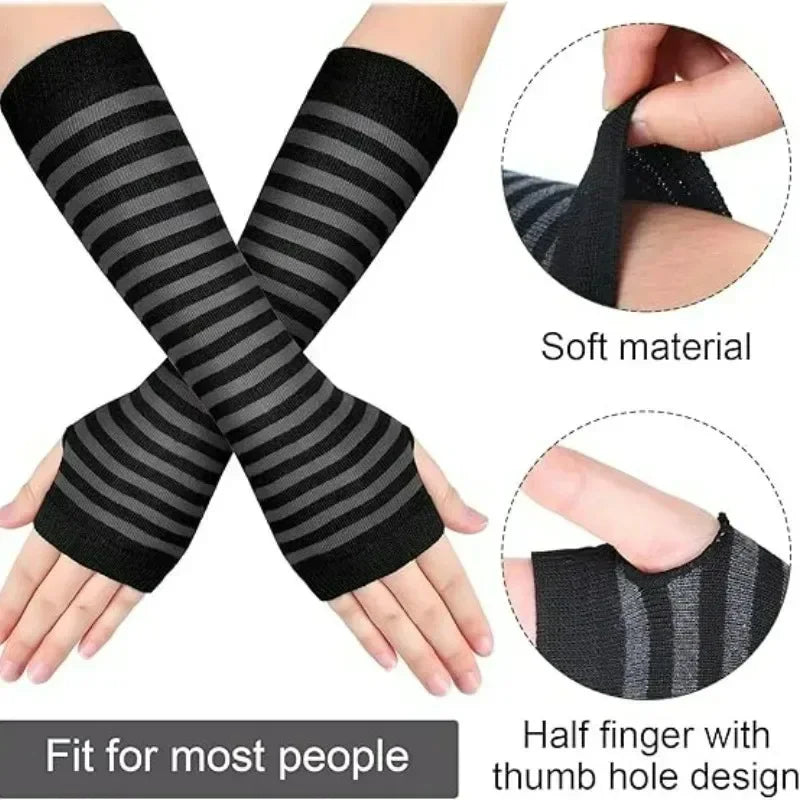 Women's Winter Knitted Gloves Girls' Cotton Fingerless Long Bracelet Arm Warmth Long Sleeve Striped Elbow Protection