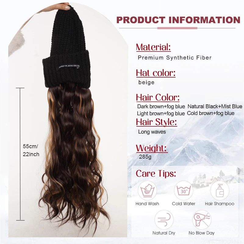 Synthetic Hat Wig for Women Girls, 22 Inch Long Wavy Integrated Wig with Black Knit Beanie Hat, Winter Daily Wear Hair Accessory