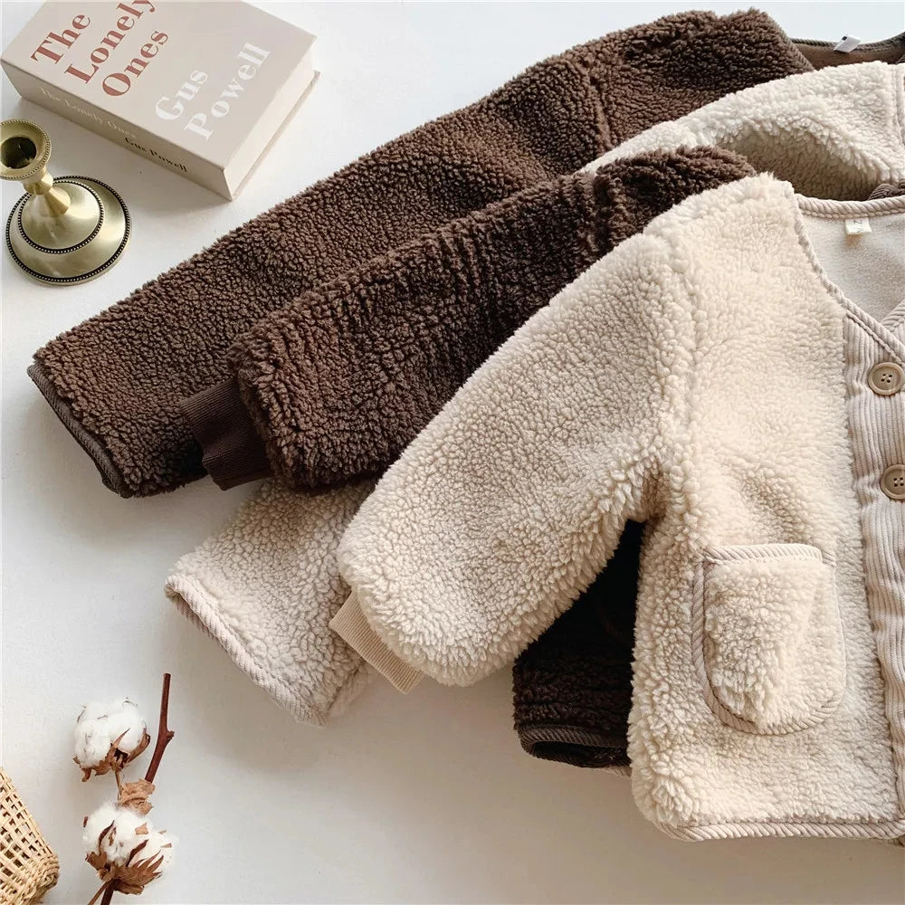 2026Korean Boys Fall Winter Clothes For Girls Velvet Loose Lamb Velvet Warm Children's Jacket Coat For Girls 0-5-year-old
