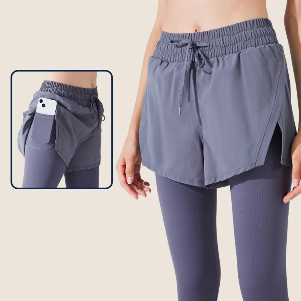 Tennis Tights and Shorts 2 in 1 with Hidden Pocket, Stretchy Yoga Leggings Sport Women Fitness Push Up Gym Cycling Pants
