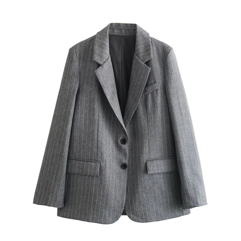 DUOPERI Women Fashion With Pockets Striped Single Breasted Blazer Notched Neck Long Sleeves Female Chic Lady Outfits