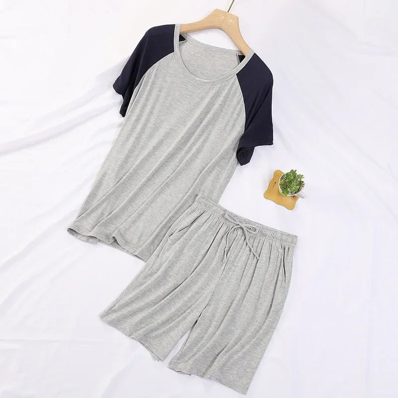 Summer Casual Pajamas Sets for Men Fashion Patchwork Comfort Modal Cotton Short Sleeve Shorts Home Two Pieces Men Sleepwear Suit