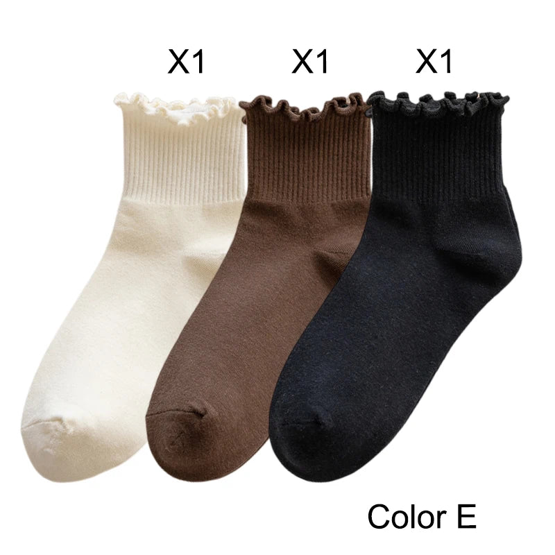 3 Pairs/Lot Cute Socks For Women New Japanese Style Breathable Girls Short Socks Kawaii Solid Socks Frilly Ruffle Socks Casual