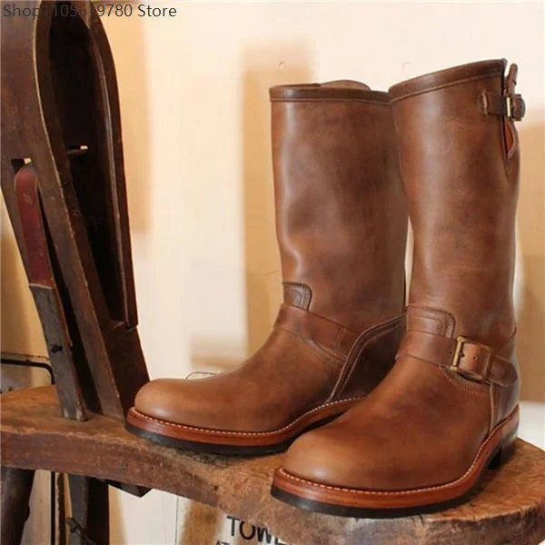 Men's Boots PU Leather Boots Retro Outdoor Western Cowboy Boots Round Toe Belt Buckle Mid-Calf Boot Slip on Plus Size Long Boot