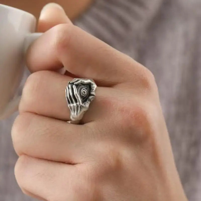 Eye and Hands Design Ring for Men Gothic Retro Adjustable Open Jewelry Gift for Everyday Wear