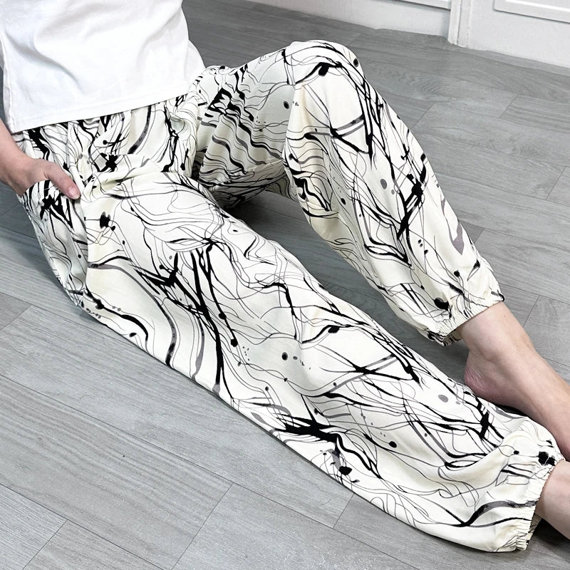 Cool Summer New Silk Cotton Spwear Loose Women's Wide Leg Pants Home Wear Floral Print Heat Resistant Comfortable Casual T...