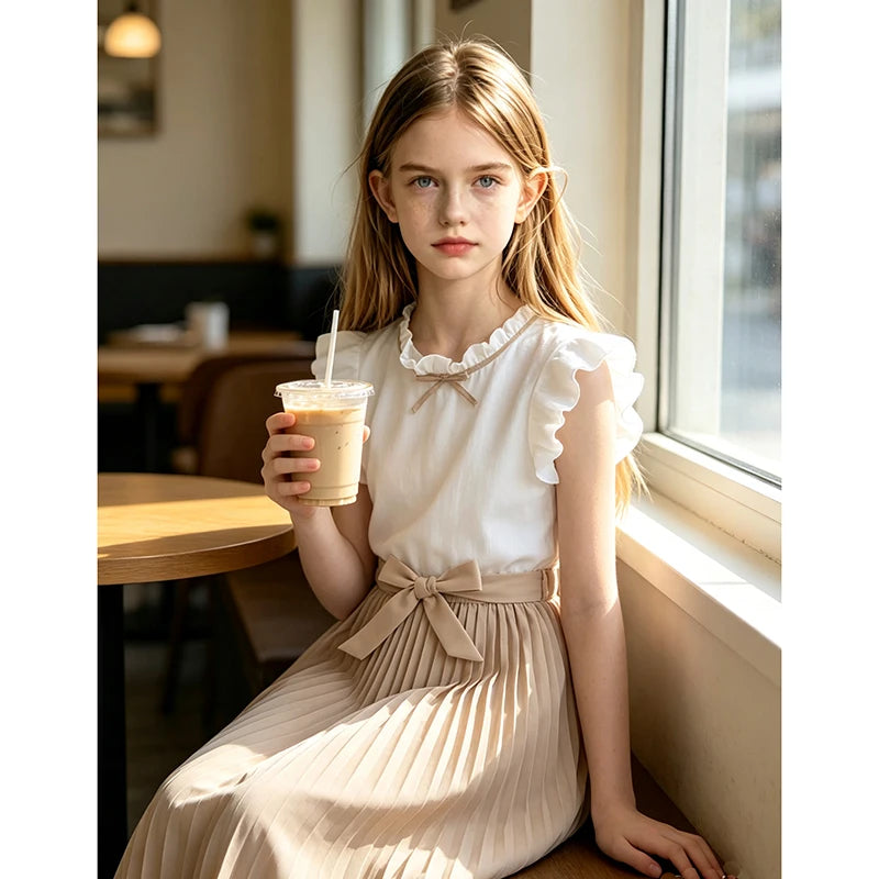 Kids Dress For Girls White Petal Sleeves Pleated Khaki Skirt & Bow Tie Preppy Style Elegant Birthday Party Clothes For 8-12 Year