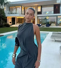 Woman Burgundy Asymmetrical Ruched Mini Dress Elegant Sleeveless Halter Neck Robe Fashion 2026 Lady Summer Evening Party Dresses