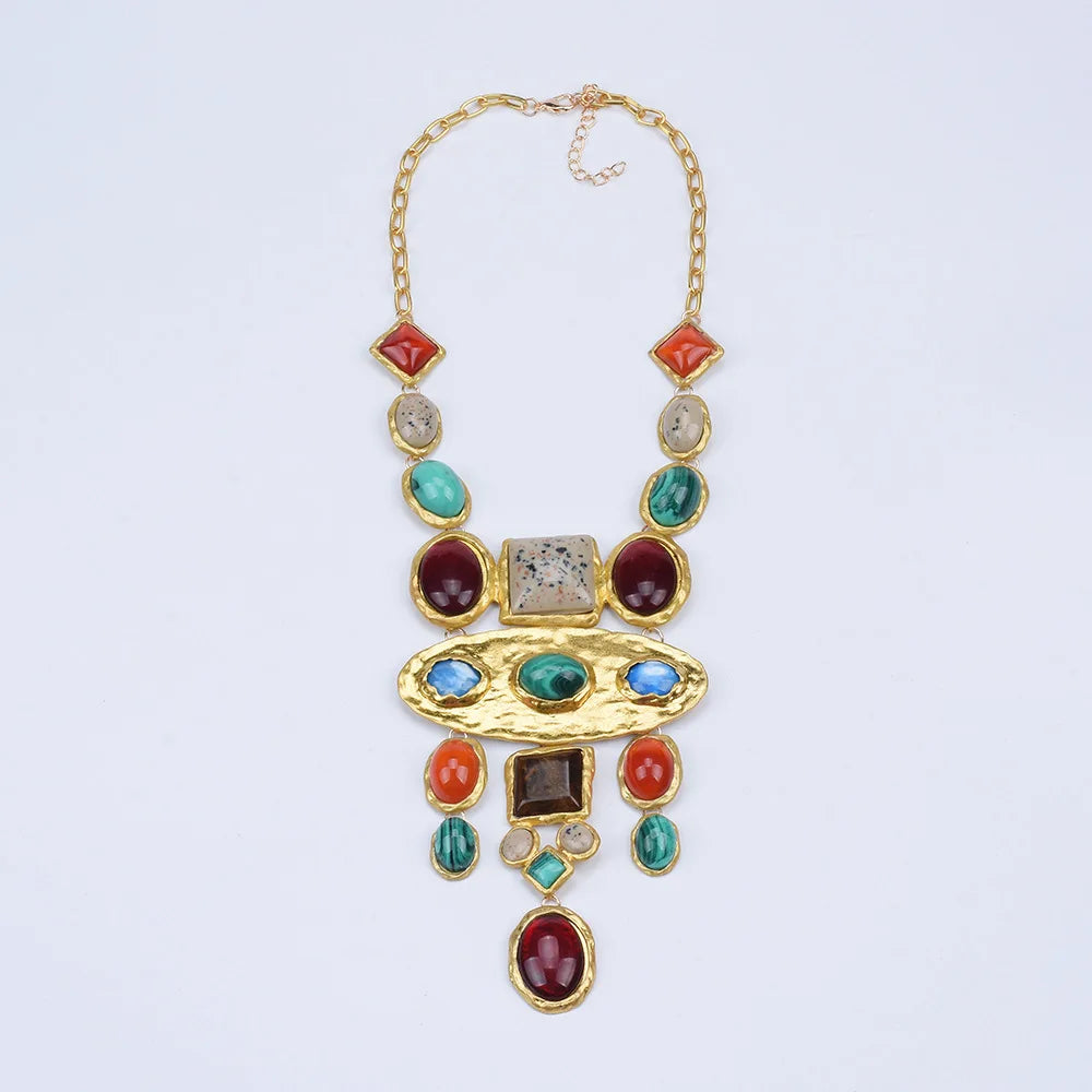 Women's Fashion Jewelry Gold Color Metal Colorful Gem Stone Beaded Chunky Pendant Drop Earrings and Long Large Bib Necklace Set