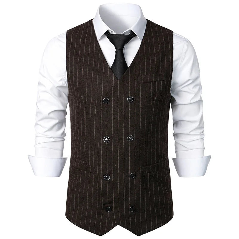 #4840 Black Gray Brown Split Joint Men's Vest Vertrical Striped Blazer Vest Double Breasted Waistcoat Slim Vintage Sleeveless