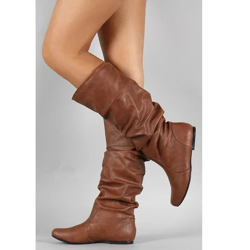 Women Leather Boots Fashion Pleated Wedge Long Boots Round Toe Autumn Winter Solid Slip On Shoes Ladies High Boot Botas De Mujer