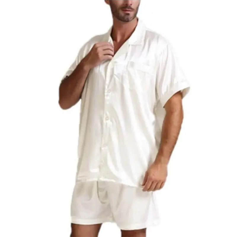 Men's Loose Smooth Skin-friendly Short-sleeved Pajamas Set Solid Color Leisure Home Wear Buttoned Shirts and Shorts 2-piece Suit