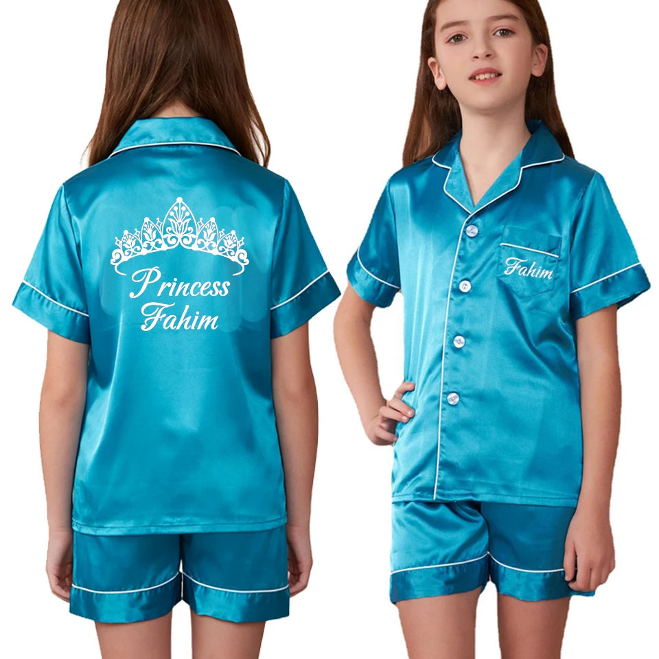 Custom Name and Date Children Pajama Silky Satin Pajamas Flower Girl Personalized Happy Birthday Pajamas Kids Princess Pajamas
