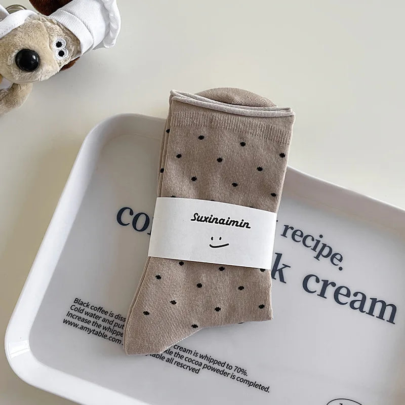 Women's spring summer thin vintage cream curled-edge women's socks polka dot mid-tube socks artistic socks women