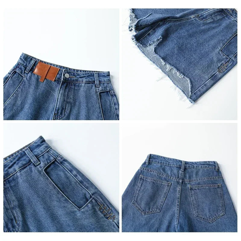 CHIC VEN  Women's Denim Shorts Retro Irregularly Cut Blue High-waisted Short Jeans for Women Streetwear Pants Ladies Summer 2022