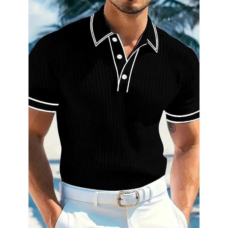 New Men's Short Sleeved Summer Color Blocked Striped Lapel Polo Shirt for Summer