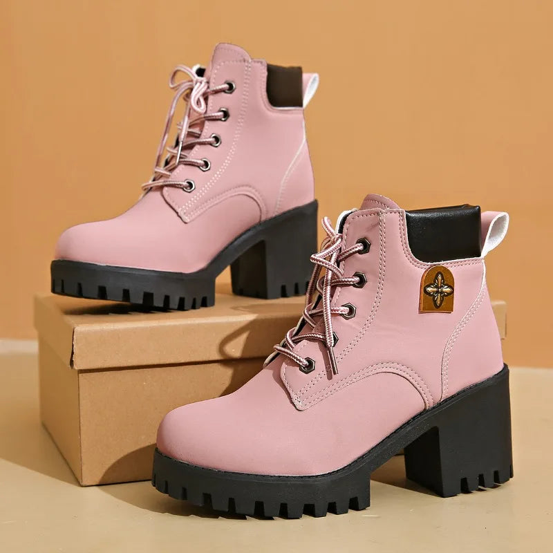 New Fashion Platform Boots for Women Retro Round Toe Coarse Heeled Ankle Boots Autumn High Heel Shoes for Women Botas Para Mujer