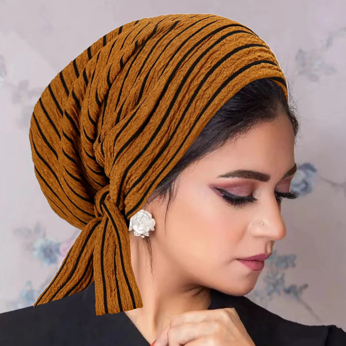 Women Hats 2026 New Fahionable Striped Long Tail Bow Headscarf Hat Chemotherapy Hat Wavy Pattern Caps for Ladies Outfits