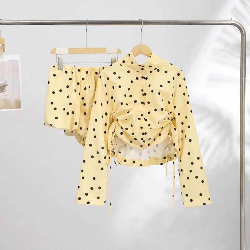 Polka Dot Pleated Coats Shorts 2 Pieces Set Women's Full Sleeves Draw-string Top Straight Short 2026 New Ladies Autumn Outwear