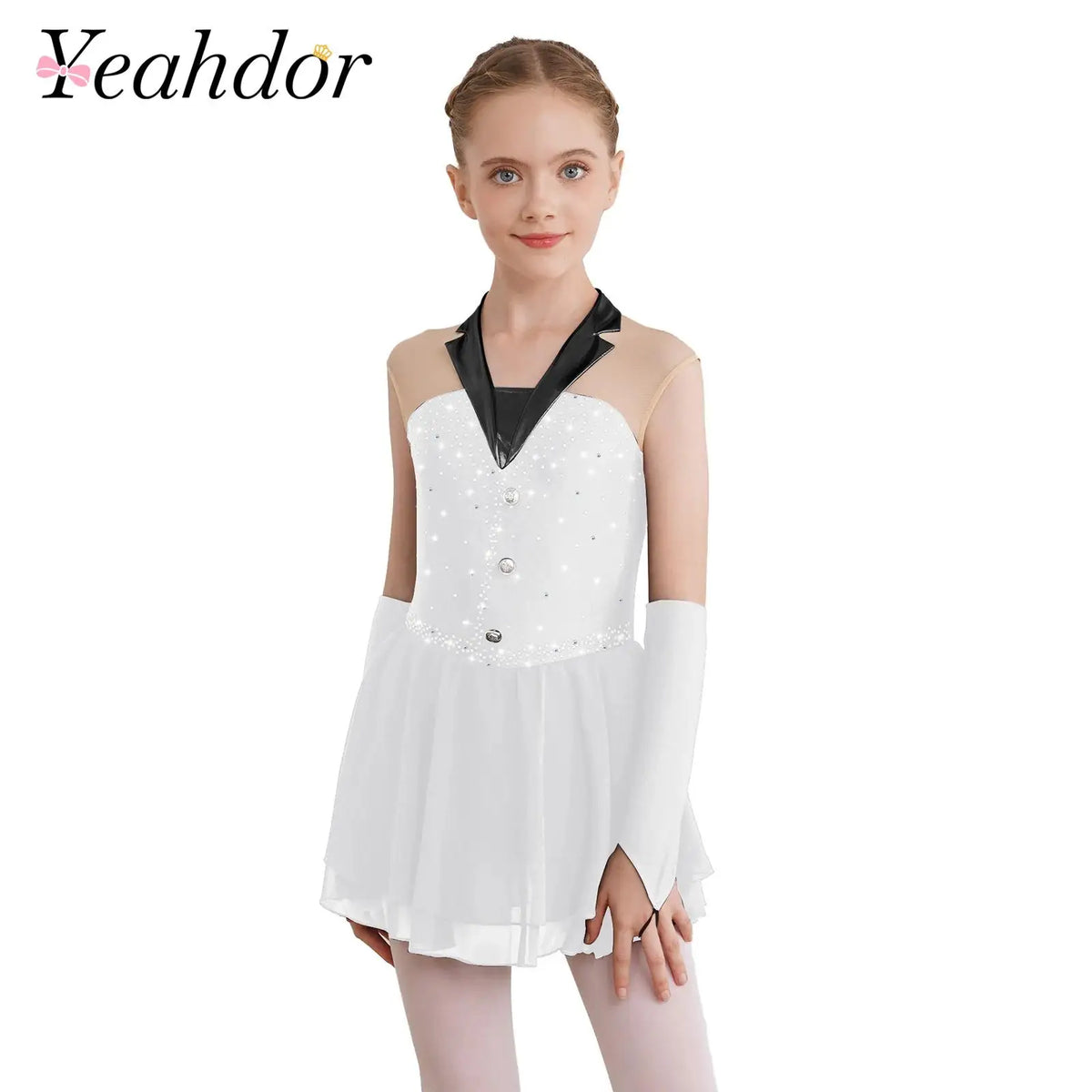 Kids Girls Shiny Ballet Skating Tuxedos Leotard Dress with Gloves Children Lyrical Dance Costumes Latin Cha-cha Stage Dancewear