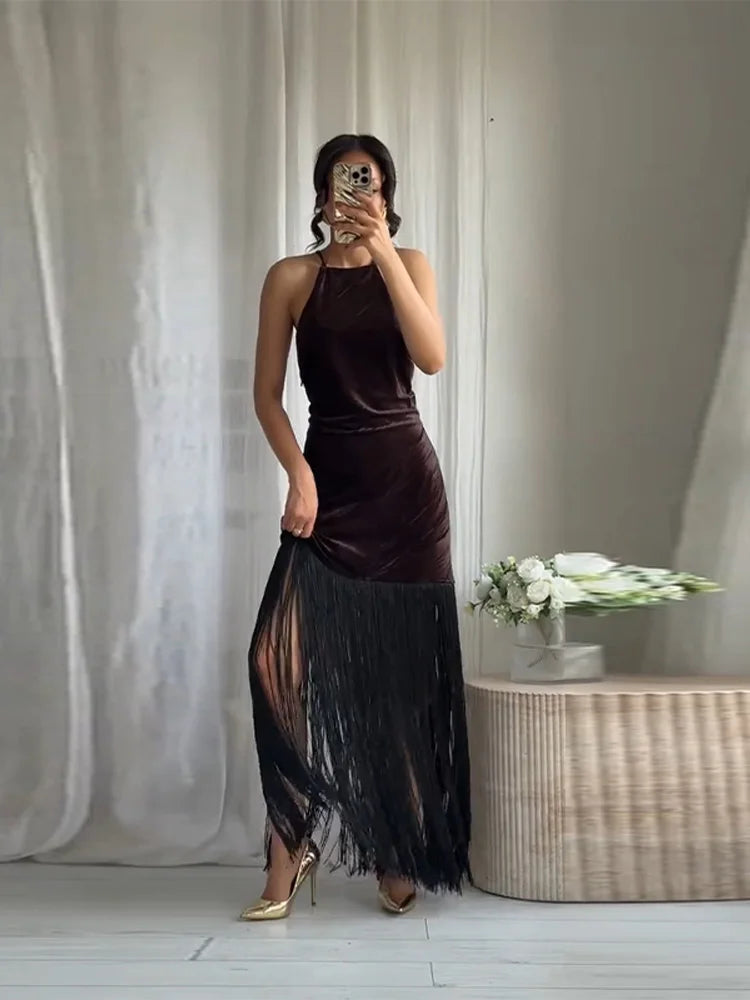 Sexy Velvet Tassels Long Dress Women Halter Sleeveless Hollow Out Backless Vestidos Female Chic Party Evening Robe 2026