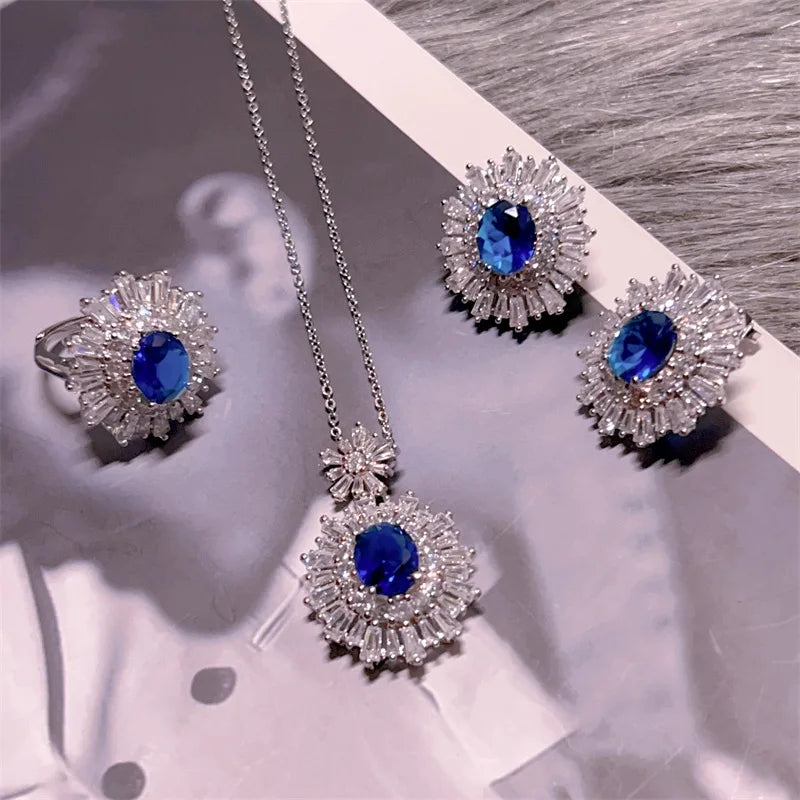 High-quality fashion Blue jewelry sets silver 925 full diamonds luxuriy elegant flower sapphire earrings for women necklace ring