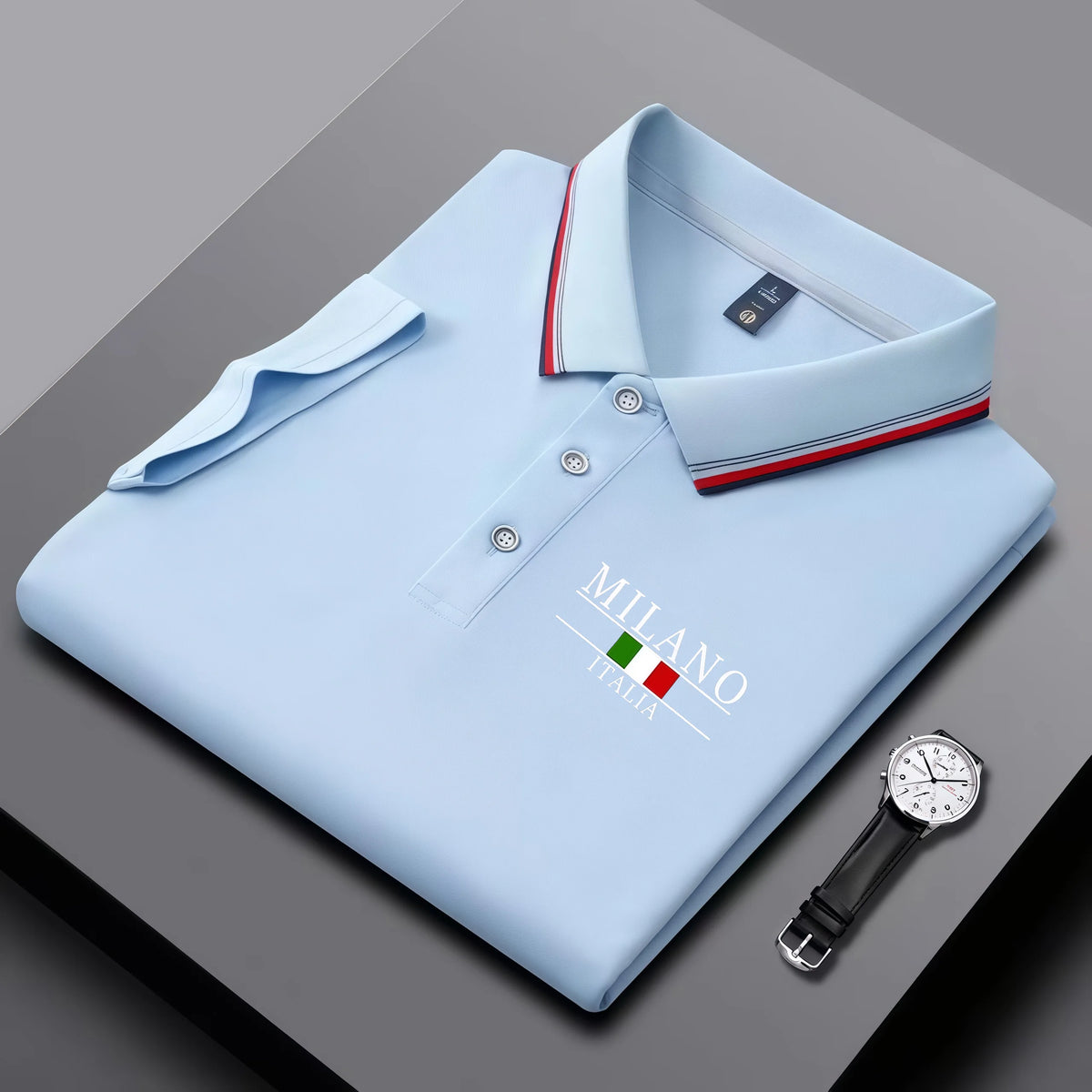 Summer men's trendy polo shirt with Italian Milan print, striped collar, summer breathable casual business top